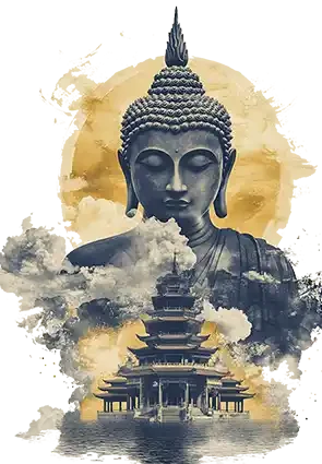 Buste de Bouddha doré avec temple en arrière-plan – Coaching méditation Zensitouch à Toulon dans le Var