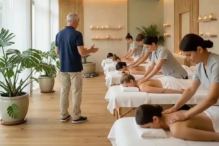 Formation massage Zensitouch à Marseille – cours en groupe avec démonstration pratique.