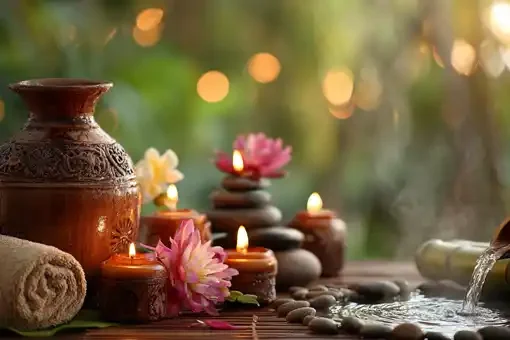 Flacons d’huiles de massage naturels dans une ambiance zen – Zensitouch Toulon et Marseille